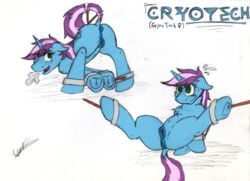 absurd_res anus blue_body bondage bondage bound cutie_mark equid equine fan_character female feral genitals green_eyes gyro_tech gyrotech hasbro hi_res hooves horn kassc mammal mane my_little_pony pink_body presenting pussy quadruped rule_63 solo unicorn unicorn_horn