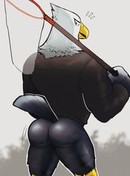 2021 absurd_res accipitrid accipitriform animal_crossing anthro apollo_(animal_crossing) ass avian bald_eagle beak bird bottomless bubble_butt bug_net clothed clothing eagle emanata feathers grey_background hi_res holding_object jacket k0bit0wani looking_back male muscular muscular_anthro muscular_male net nintendo outside sea_eagle simple_background solo standing topwear video_games