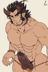 2:3 abs animal_print areola balls black_hair bracelet broken_horn clothed clothing clothing_pull erection facial_hair genitals glans hair hi_res horn horned_humanoid humanoid humanoid_genitalia humanoid_penis humanoid_pointy_ears jewelry lifewonders looking_at_viewer male muscular muscular_humanoid muscular_male neck_scar nipples not_furry partially_clothed pecs penis pointy_ears print_clothing print_underwear run_aki sideburns signature simple_background snaggle_tooth solo takemaru_(tas) tiger_print tiger_print_underwear tokyo_afterschool_summoners underwear underwear_pull