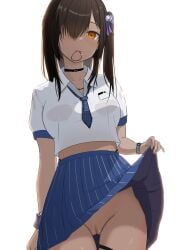 absurdres arm_at_side auburn_eyes black_choker black_hair blue_bow blue_necktie blue_skirt bow choker cleft_of_venus closed_mouth clothed clothed_female clothes_lift collared_shirt commentary_request cowboy_shot crop_top cropped_shirt diagonal-striped_clothes diagonal-striped_necktie eye_obstructed female front_view goddess_of_victory:_nikke hair hair_ornament hair_over_one_eye hair_tie_in_mouth hairbow hairless_pussy highres innie_pussy keisuke309 lifted_by_self lifting_own_clothes lifting_skirt light-skinned_female light_skin long_bangs long_hair long_skirt midriff mouth_hold naga_(nikke) necktie no_panties obstructed_eye one_eye_covered one_side_up orange_eyes pelvic_line plain_background pleated_skirt purple_ribbon pussy ribbon ribbon_in_hair school_uniform shirt short_sleeves side_ponytail simple_background skirt skirt_lift small_breasts solo standing striped_clothes striped_skirt thigh_gap thigh_strap thighs uncensored vertical-striped_clothes vertical-striped_skirt white_background white_shirt wristband wristwear