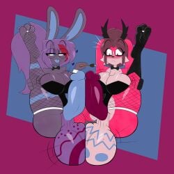 1:1 2futas anthro antlers atlyss aura_(aurabutt) aurabutt balls balls_expansion balls_touching big_balls big_breasts big_penis blush breast_expansion breasts bunny_costume clothing costume digit_ring duo easter evelia_zara expansion feet fishnet_clothing fishnet_legwear frottage futa_only futa_with_futa futanari futanarization genital_expansion genitals hi_res holidays horn huge_balls huge_breasts huge_cock jackalope jewelry lagomorph legwear leporid mammal mostly_nude paint penile penis penises_touching poon_(atlyss) rabbit ring sex thick_thighs toe_ring toes