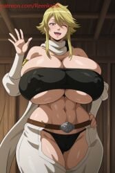 1girls ai ai_generated akame_ga_kill! bare_shoulders barn belt black_panties blonde_female blonde_hair chaps cleavage crop_top detached_sleeves erect_nipples farm hand_on_hip hand_up hyper_breasts indoors large_breasts leone_(akame_ga_kill!) midriff navel one_eye_closed open_mouth panties patreon patreon_username reenka25 scarf short_hair sidelocks smile strapless swept_bangs thick thick_ass thick_thighs underboob underwear waving white_pants white_scarf yellow_eyes