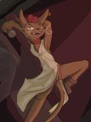 absurd_res anthro beicoli_(laika_aged_through_blood) boots brown_body clothed clothing container cup domestic_cat dress ear_piercing electronics felid feline felis female footwear furniture genitals glass glass_container glass_cup hi_res laika_aged_through_blood mammal microphone no_underwear on_table partially_clothed piercing shoes smile solo srjakbee table vulva