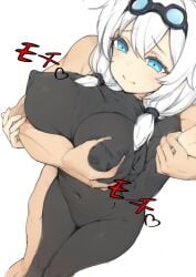 1boy 1girls 2d 2d_(artwork) armageddonia_f big_breasts blue_eyes bodystocking bodysuit breast_grab clothing covered_navel covered_nipples embarrassed female fully_clothed goggles goggles_on_head grabbing_another's_breast grabbing_from_behind gray_hair light-skinned_female light-skinned_male light_skin low_twintails male mochiko-san_(voicevox) nervous nipple_bulge nipples_visible_through_clothing voicevox white_background