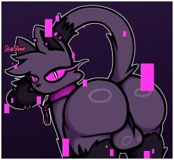 ass balls big_butt black_body black_fur chains collar domestic_cat felid feline felis feral fur genitals grey_body grey_fur hi_res highlights_(coloring) looking_at_viewer looking_back male mammal mouthless perineum piercing presenting presenting_hindquarters primsilver purple_eyes raised_tail rear_view shaded signature simple_background solo standing tail velosara_(primsilver)
