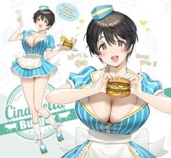 10runeko big_breasts blush brown_eyes brown_hair burger cleavage dress female female_only food full_body fully_clothed idolmaster idolmaster_cinderella_girls looking_at_viewer oikawa_shizuku roller_skates short_hair smile solo tray very_short_hair waist_apron waitress waitress_uniform
