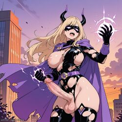 ai_generated belt big_balls big_breasts big_cock big_penis blonde_hair boob_out breast_out cape erection futanari gloves horns huge_balls huge_boobs huge_breasts huge_cock large_balls large_boobs large_breasts large_cock large_penis leotard magic mask meimeg sharp_teeth stockings sunset superhero superhero_costume superheroine torn_bodysuit torn_clothes torn_clothing