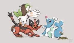 2026 ambiguous_gender ambiguous_pooping animal_genitalia anus artist_name beak black_body black_fur blue_body brionne brown_body brown_feathers cheek_tuft claws cloaca closed_eyes dartrix dated facial_tuft feathered_wings feathers feces feces_on_back feces_on_ground feces_pile female female_pooping feral fur generation_7_pokemon genitals green_body green_feathers green_tail_feathers grey_background group hi_res jadeder looking_back narrowed_eyes nintendo open_mouth open_smile pokemon pokemon_(species) pooping_on_another pooping_on_floor raised_tail red_body red_eyes red_fur scat scatplay simple_background smile snaggle_tooth tail tail_feathers text torracat trio tuft vulva white_body white_feathers wings yellow_sclera