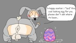 1boy after_anal aliasing anthro anus ass bababooey_(nxyitn) backsack balls big_balls big_butt blush blush_lines bodily_fluids bunny_costume butt_flap closed_eyes clothed clothing costume dialogue digital_media_(artwork) domestic_cat easter egg embarrassed felid feline felis genitals gesture glistening grey_background holidays huge_butt looking_back male male_focus mammal multicolored_body nxyitn one_tooth onesie open_mouth puffy_anus scrotum_flap scut_tail short_tail simple_background solo standing sweat tabby_cat tail talking_to_viewer tan_body text thick_thighs waving waving_at_viewer whiskers x_anus