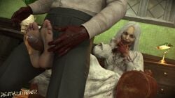 1boy 1girls 3d absurd_res after_orgasm alternate_version_available behind blood_on_hand bloody bloody_clothes cum deathrayfever dirty_clothing ejaculation embarrassed feet femdom foot_fetish footjob grey_clothing leaking_cum no_shoes partially_clothed penis resident_evil resident_evil_9:_requiem selena_corey sitting sitting_on_chair soles soles_fetish undead white_clothing white_hair zombie