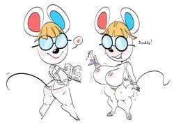 2021 animal_crossing anthro ass big_breasts blonde_hair book bottomless breast_expansion breasts clothed clothing coat expansion eyewear female front_view glasses grin hair hand_on_hip heart hi_res lab_coat laboratory_equipment laboratory_glassware mammal mhdrawin mouse murid murine nintendo open_clothing open_coat open_topwear petri_(animal_crossing) pubes rear_view rodent scientific_instrument smile solo test_tube text thick_thighs topwear translated video_games white_body