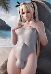 3d ai_generated balls blonde_hair blue_eyes bulge dead_or_alive erection erection_under_clothes futa_only futanari huge_cock marie_rose myoncube novelai one-piece_swimsuit penis small_breasts solo
