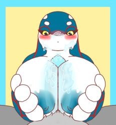 amal_(amalgama125) amalgama125 anthro blush bodily_fluids breast_play breasts cum cum_on_face duo female generation_3_pokemon genital_fluids kyogre kyu_(artesjsc) legendary_pokemon male male/female nintendo pokemon pokemon_(species) sex titfuck