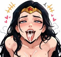 1girls :d after_fellatio ahegao ai_generated american_flag american_flag_print animification artist_logo artist_name bare_shoulders black_hair blue_eyes blush breasts circlet cleavage collarbone cum cum_in_mouth cum_on_body cum_on_breasts cum_on_tongue cumdrip dc_comics facial from_above half-closed_eyes heart heart-shaped_pupils heavy_breathing large_breasts leaning_forward leotard lips long_hair looking_at_viewer looking_up medium_breasts naughty_face open_mouth oral_invitation red_leotard saliva simple_background smile solo star-shaped_pupils star_(symbol) star_print strapless strapless_leotard superhero sweat symbol-shaped_pupils teeth tiara tongue tongue_out torogao upper_body upper_teeth_only uvula watermark white_background wonder_woman