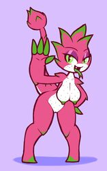 2018 4_fingers anthro breasts dragon_fruit dragon_tongue fang_(screwroot) female female_focus female_only flora_fauna green_eyes green_nipples half-closed_eyes long_tail looking_at_viewer naked nipples no_toes nude nude_female nudity oc oerba_yun_fang open_mouth open_smile original_character pink_background plant plant_girl plant_humanoid plantie pussy screwroot smile standing tail tongue tongue_out waving