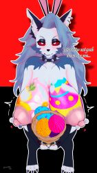anthro big_breasts body_paint bunny_ears bunnysuit choker easter egg gray_fur gray_hair grey_skin helluva_boss huge_breasts huge_nipples koikatsu krackdraw looking_at_viewer loona_(helluva_boss) nipple_piercing nipples piercing pink_nipples render text wolf wolf_girl
