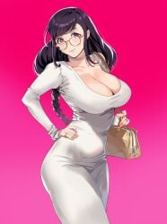 absurdres alternate_costume bag braid breasts choker cleavage commentary dongtan_dress dress female firstdayiyui glasses gradient_background hand_on_own_hip hanekawa_tsubasa highres jewelry large_breasts long_hair looking_at_viewer monogatari_(series) parted_lips pink_background purple_eyes purple_hair ring shoulder_bag smile solo teeth twin_braids white_choker white_dress