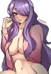 1340smile 1girls bare_thighs big_breasts breasts camilla_(fire_emblem) fire_emblem fire_emblem_fates hair_over_one_eye large_breasts long_hair looking_at_viewer naked_shirt nintendo open_shirt pink_shirt purple_eyes purple_hair shirt smile smiling_at_viewer thick_thighs thighs very_long_hair