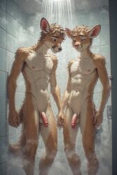2boys ai_generated animal_humanoid animal_penis balls ballsack brothers closed_eyes cute flaccid flaccid_penis foreskin furry furry_male furry_only furry_penis humanoid_genitalia humanoid_penis muscular_male penis penis_size_difference shower showering small_balls small_penis small_testicles smaller_male standing teen testicles young younger_male