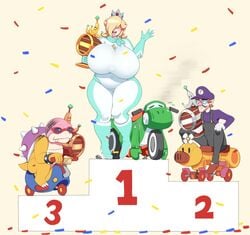 1girls 2021 2boys alternate_breast_size bbw bike_outfit_(mario_kart) blonde_hair breasts chubby chubby_female closed_eyes crown dotil enormous_breasts female hair_over_one_eye happy hat hips huge_breasts hyper hyper_breasts kart koopaling long_hair male mario_(series) mario_kart nintendo open_mouth princess_rosalina racing_suit roy_koopa skin_tight smile star_earrings thick_thighs thighs thunder_thighs tight_clothing trophy voluptuous waluigi wide_hips