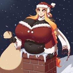 1girls arina_(dotil) bbw belly belly_bulge big_breasts blonde_hair breasts busty christmas chubby chubby_female cleavage dotil female female_focus female_only hips huge_breasts large_breasts long_hair night night_sky santa_costume snowing stuck stuck_in_chimney tummy venus_body voluptuous wide_hips