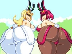 2girls animated ass ass_focus ass_shake bent_over big_ass blonde_hair bottom_heavy breasts bubble_butt bunny_ears bunny_tail bunnysuit countmoxi easter fat_ass female female_only gluteal_fold huge_ass jiggle jiggling_ass jiggling_breasts large_ass looking_at_viewer looking_back massive_ass mythra pixel_animation pixel_art pyra red_hair shaking_ass thick_ass thick_thighs thunder_thighs wide_hips xenoblade_(series) xenoblade_chronicles_2