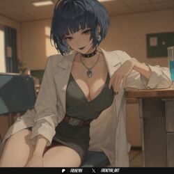 ai_generated bangs belt black_choker black_hair black_nails blue_hair breasts brown_eyes chair choker cleavage collar collarbone dress earrings female frenzyai indoors jewelry labcoat large_breasts looking_at_viewer nail_polish necklace panties pantyshot persona short_hair sitting skirt smile solo tae_takemi thighs underwear white_panties