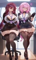 2girls ai ai-created ai_art ai_generated background_building big_breasts big_hips big_thighs black_bra black_miniskirt black_skirt breasts brown_hair burgundy_hair cleavage cleavage_window computer computer_monitor curvaceous curvaceous_body curvaceous_female curvaceous_figure curvaceous_hips curvaceous_thighs eden_(honkai_impact) elf_ears elf_female elysia_(honkai_impact) elysia_(miss_pink_elf)_(honkai_impact) exposed_cleavage female female_focus female_only grey_hair hair heart hearts hearts_around_head high_ponytail high_thighs hips honkai_(series) honkai_impact honkai_impact_3 honkai_impact_3rd hourglass_figure hourglass_figured_female hoyoverse lanyard lanyard_between_breasts large_boobs large_breasts large_thighs large_tits long_hair long_hair_female long_pink_hair maroon_hair mature_body mature_female mature_woman mihoyo miniskirt office office_background office_chair office_clothing office_lady office_table ol pink_hair pink_hair_female plump_boobs plump_breasts plump_thighs plump_tits ponytail red_hair see-through_clothes see-through_clothing skirt thighs unbuttoned unbuttoned_shirt voluptuous voluptuous_female voluptuous_woman waist white_blouse wide_hips wide_thighs window