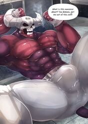 abs biceps black_eyes bottomwear bound bulge chained chains clothing demon dialogue english_text f1shsticker hands_tied helltaker hi_res horn humanoid male male_only mask muscular muscular_humanoid muscular_male pants pecs red_body solo subject_67_(helltaker) text