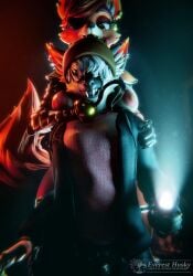 2026 3d_(artwork) absurd_res animatronic anthro arm_grab beanie breasts breasts_on_shoulder canid canine clothing digital_media_(artwork) ear_piercing ear_ring everesthusky eye_patch eyewear female fingers five_nights_at_freddy's flashlight fox foxy_(fnaf) hair hair_over_eyes hat headgear headwear hi_res hook kerchief machine male mammal piercing pointy_ears ring_piercing robot scottgames tail thick_thighs