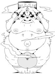 2021 absurd_res anthro balls belly big_balls bodily_fluids canid canine genitals hi_res kemono leaf male mammal monochrome moobs navel nipples outie_navel overweight overweight_male penis raccoon_dog sigenoya solo takotyutyu tanuki tears