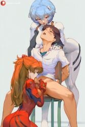 1boy 2girls ai_generated asuka_langley_sohryu bent_over black_hair blowjob blue_hair blush chair closed_eyes dominant dominant_female drool_on_face drooling fellatio female femdom genitals ginger ginger_hair kneeling lucakp male neon_genesis_evangelion no_pants open_mouth patreon patreon_link patreon_logo patreon_url patreon_username penis rei_ayanami saliva saliva_string saliva_trail shinji_ikari sitting sitting_on_chair standing tagme