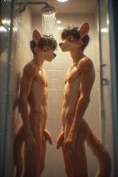2boys ai_generated animal_humanoid animal_penis balls ballsack brothers closed_eyes cute flaccid flaccid_penis foreskin furry furry_male furry_only furry_penis humanoid_genitalia humanoid_penis muscular_male penis penis_size_difference shower showering small_balls small_penis small_testicles smaller_male standing teen testicles young younger_male