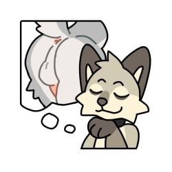 1:1 animated anthro anus ass backsack balls black_collar canid canine canis closed_eyes collar duo fox fur genitals grey_body grey_fur hi_res male male/male mammal max_(rookspirit) paws penis pink_penis rookspirit smile solo thought_bubble wolf