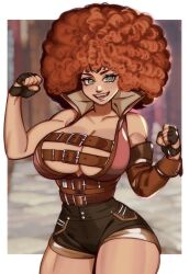 afro background belt big_breasts cleavage curly_hair digital_drawing_(artwork) digital_media_(artwork) ginger ginger_female ginger_hair green_eyes hi_res high_resolution huge_breasts maplekeurig muscular_female sharp_teeth shorts thick_thighs