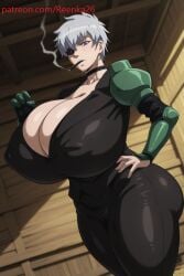 ai ai_generated akame_ga_kill! barn choker cigarette erect_nipples eye_patch eyepatch farm grey_hair hand_on_hip hyper_breasts indoors najenda_(akame_ga_kill!) patreon patreon_username prosthetic_arm purple_eyes reenka25 short_hair smoking suit thick thick_ass thick_thighs