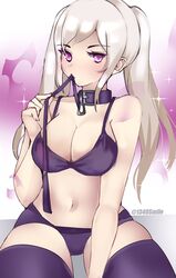 1340smile 1girls bare_thighs bra breasts cleavage collar femsub fire_emblem fire_emblem_awakening grima_(fire_emblem) large_breasts leash long_hair looking_at_viewer nintendo object_in_mouth panties purple_eyes purple_panties robin_(fire_emblem) robin_(fire_emblem)_(female) solo thighhighs thighs twintails underwear white_hair