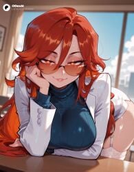 1girls absurd_res absurdres ai_generated ass bent_over big_ass big_breasts blue_sweater blurred_background blurry blurry_background blush breasts cartoon cartoony depth_of_field desk female female_focus garter_straps genshin_impact glasses hair_between_eyes heart heart-shaped_pupils hi_res high_quality high_resolution highres indoors jacket large_ass large_breasts lips long_hair long_sleeves looking_at_viewer looking_over_eyewear mavuika_(genshin_impact) odexai orange-tinted_eyewear orange_eyes parted_lips red_hair ribbed_sweater seductive_smile skirt small_waist smile solo solo_focus straight sunglasses sweater symbol-shaped_pupils thick_thighs thighhighs thighs thin_waist tinted_eyewear turtleneck turtleneck_sweater white_skirt white_thighhighs wide_hips window