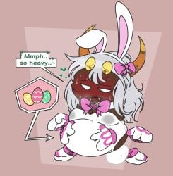 1boy absurd_res arachnid big_belly bloated_tummy blush bowtie bowtie_on_head bunny_ears bunny_tail bunnysuit chubby chubby_male dialogue easter easter_egg eggnant eggs eggs_in_stomach gaepaws18 grabbing_own_belly happy_easter heart hi_res huge_belly ibispaint_(medium) kirby_(series) kirby_air_riders kirby_triple_deluxe kittipaws lactation lactation_through_clothes male male_only male_pregnancy moobs mpreg nintendo solo solo_male sweat taranza