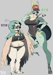 2021 anthro bikini biped breasts clothed clothing dated decidueye digital_media_(artwork) duo english_text eyewear female female/female female_decidueye genitals glasses grey_background hat headgear headwear hi_res looking_at_viewer navel nintendo one-piece_swimsuit pokémon_(species) pokemon pussy serperior signature simple_background skimpy sport_swimsuit standing sunglasses swimwear talons text video_games wings yuio