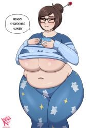 bare_belly blush blush blushing_female brown_eyes brown_hair chubby chubby_female comfy commission commissioner_upload glasses hair_ornament hair_pin hairpin hot_chocolate mei_(overwatch) misskoi muffin_top overwatch overwatch_2 pajama_pants pajamas sweater sweater_lift winter_clothes