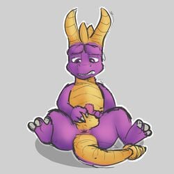 activision anus ass ball_fondling balls claws clenched_teeth dragon feet feral fondling genitals hi_res horn male male_only nude penis purple_body purple_eyes scalie sitting solo spyro spyro_the_dragon teeth tetragon toes video_games western_dragon