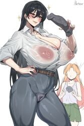 2girls ^^^ arato_nagi artist_name bare_arms bare_shoulders belt belt_buckle black_hair blush breasts brown_belt buckle buttons cleavage cleft_of_venus collarbone collared_shirt commentary_request cowboy_shot denim dildo dropping earrings eyelashes forehead green_shorts grey_eyes grey_pants hair_between_eyes hand_on_own_hip hand_up highres holding holding_sex_toy huge_breasts impossible_clothes impossible_pants impossible_shirt jeans jewelry korean_commentary large_areolae long_hair multiple_girls nipples no_eyes no_nose orange_hair orrrca1701 pants parted_bangs partially_unbuttoned pink_nails pussy rock ruri_no_houseki sculpture seductive_smile sex_toy shirt shirt_tucked_in shorts sidelocks simple_background skindentation sleeves_rolled_up smile sparkle stud_earrings surprised tanigawa_ruri tank_top three-quarter_sleeves tight_clothes tight_pants tight_shirt very_long_hair white_background white_shirt white_tank_top x_mouth