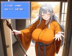 ai_generated caption closed_eyes elf elf_ears elf_female gray_hair huge_breasts inviting old_lady_(the_adventure_of_link) robe smile zelda_ii:_the_adventure_of_link