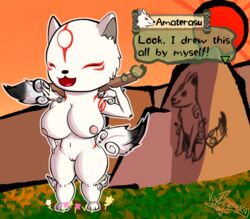 amaterasu anthro big_tail breasts brush canid canine canis capcom closed_eyes curvy_figure deity detailed_background dialogue english_text female female_focus fur furry genitals highres ink large_breasts mammal markings nipples nude okami open_mouth outline paintbrush pussy red_markings smile solo speech_bubble text thick_thighs tongue voy_barranca_abajo white_fur wide_hips wolf