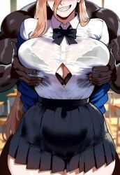 1boy 1boy1girl ai_generated ass ass_focus big_ass big_breasts big_butt big_thighs blush bowtie bra bra_visible_through_clothes breast_grab chainsaw_man curvy curvy_female curvy_figure dark-skinned_male dark_skin day dijiai focus from_front_position front_view grin groping groping_breasts groping_from_behind gyaru horns horny horny_female hourglass_figure hug hugging indoors interracial looking_at_viewer lower_body power_(chainsaw_man) ringed_eyes round_ass round_butt school school_uniform schoolgirl seductive seductive_look seductive_smile shirt shirt_tucked_in short_hair size_difference skirt steaming_body thiccwithaq_(ai_style) thick thick_ass thick_butt thick_legs thick_thighs thighs unzipped upper_body wanting_sex wide_hips yellow_eyes