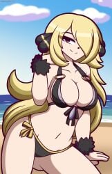 1girls ass big_breasts bikini bikini_bottom bikini_top black_bikini blonde_hair bottomwear breasts cleavage creatures_(company) cynthia_(pokemon) female female_only game_freak hair hair_ornament hair_over_one_eye huge_breasts long_hair mature mature_female mature_woman monolith_tk nintendo npc npc_trainer pokemon pokemon_champion pokemon_dppt pokemon_trainer solo solo_female swimwear topwear yellow_eyes