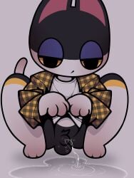 absurd_res animal_crossing anthro balls bodily_fluids crouching domestic_cat felid feline felis flaccid genital_fluids genitals hi_res male mammal nintendo nulldjqtdma peeing penis punchy_(animal_crossing) solo spread_legs spreading urine