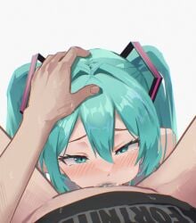 1boy ahhgik aqua_eyes aqua_hair blush deepthroat fellatio female fortnite hair_between_eyes hatsune_miku head_grab highres irrumatio male_pubic_hair oral pubic_hair straight sweat twintails vocaloid