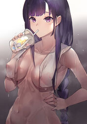 absurdres bangs braid breasts covered_erect_nipples cup disposable_cup drinking drinking_straw female genshin_impact hand_on_hip highres holding holding_cup large_breasts long_braid long_hair naked_towel navel nude purple_eyes purple_hair raiden_shogun solo stomach towel towel_around_neck very_long_hair wet zhan_bu